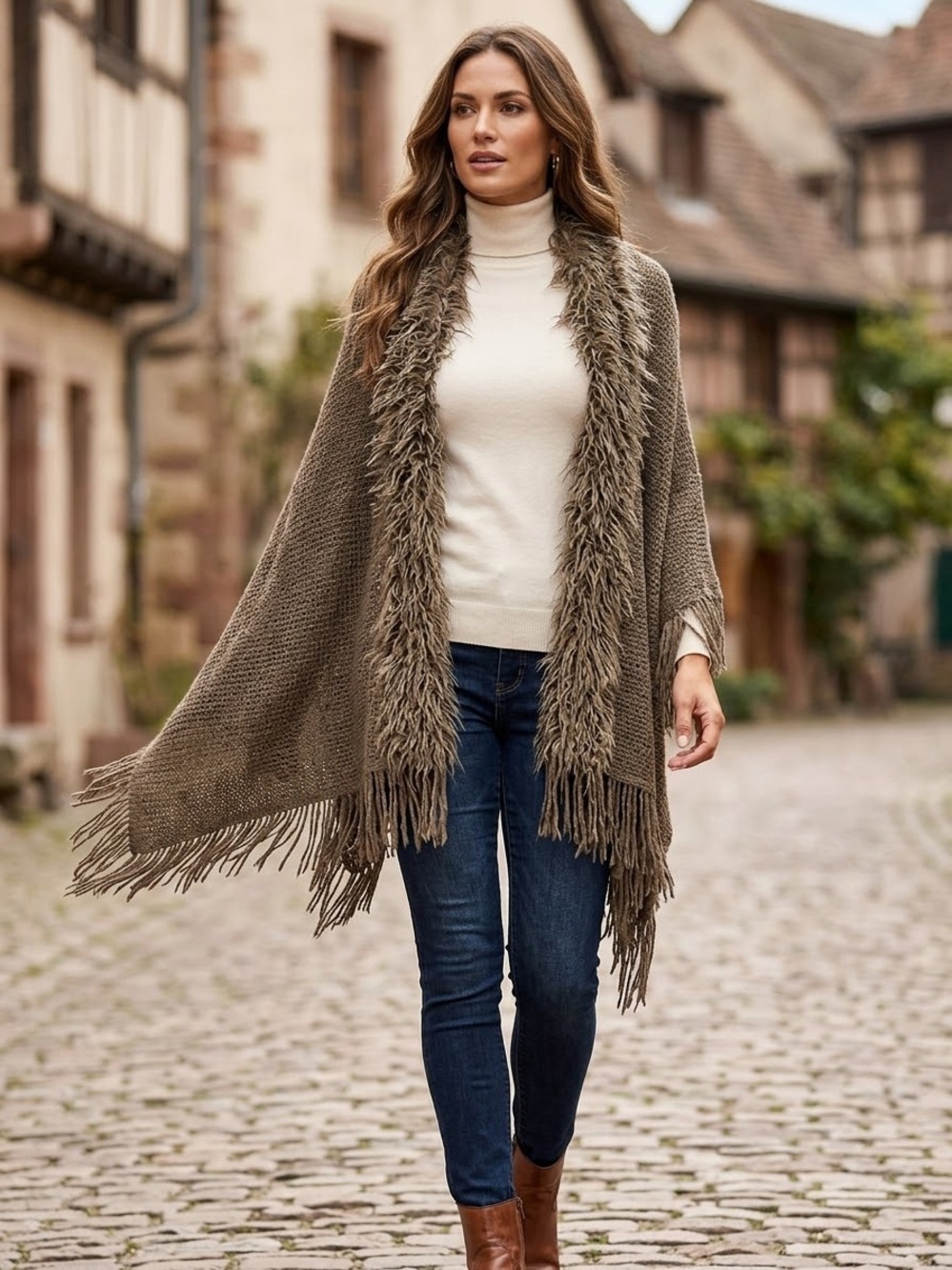 Open-Front Fringe Poncho with Faux-Fur Trim in Taupe